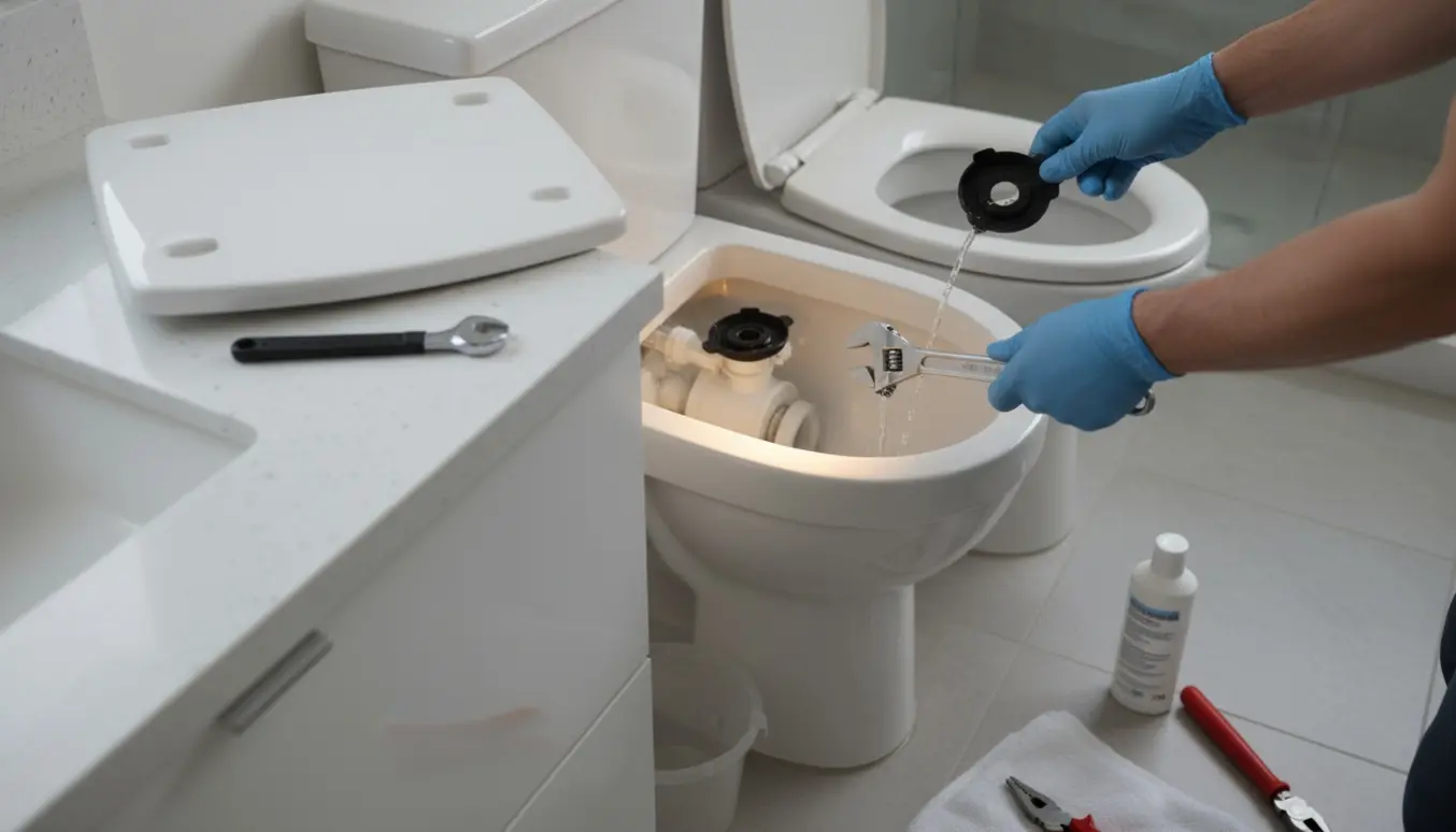 Hænder inspicerer en åben toiletcisterne med værktøj på badeværelset.