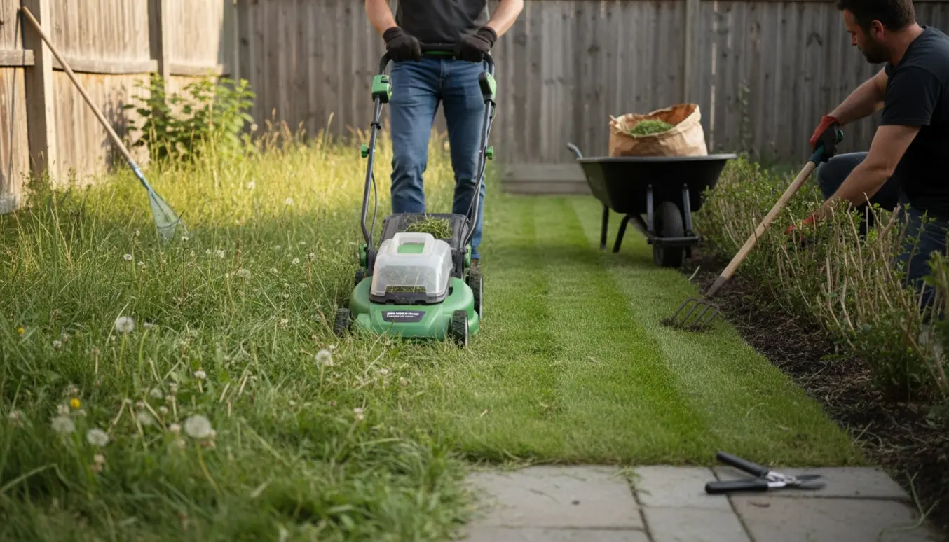 En person slår en lille græsplæne og fjerner ukrudt ved en lav, sparsom hæk.