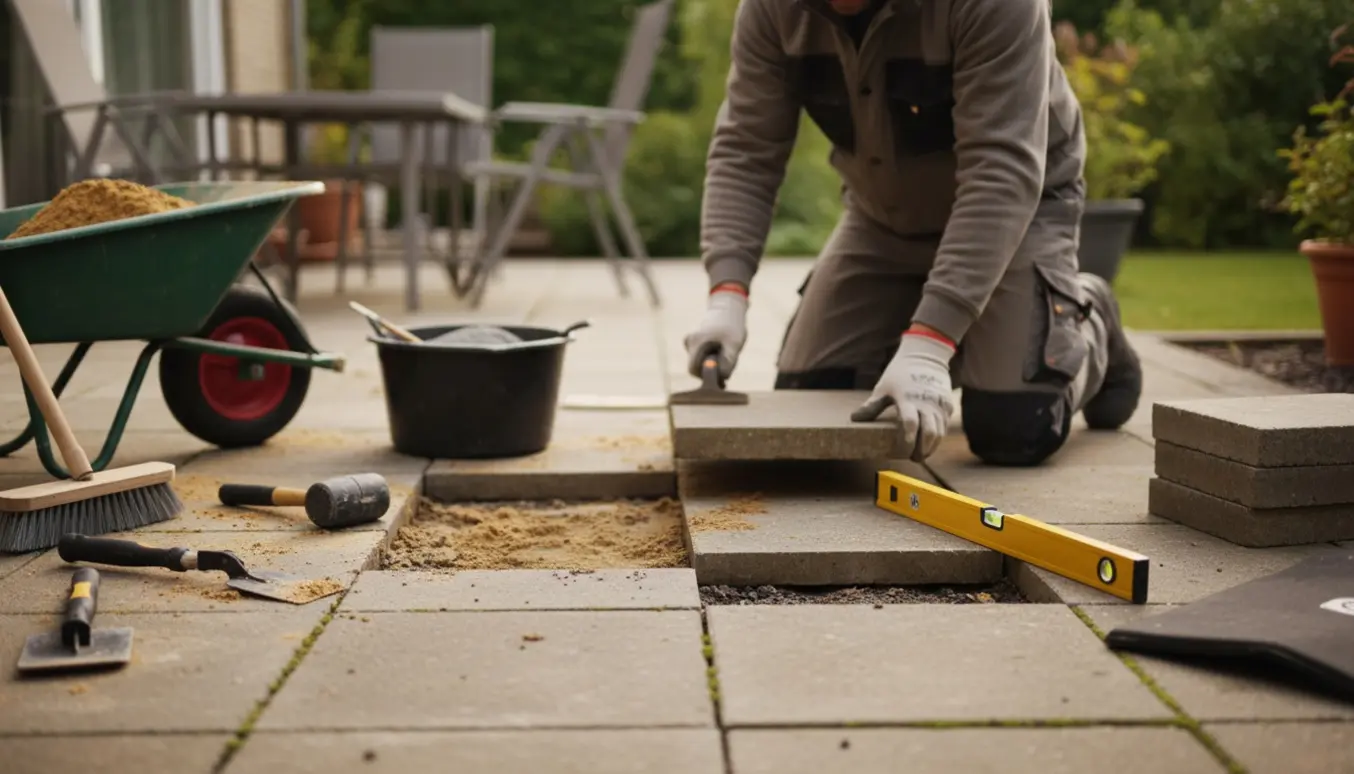 Nærbillede af reparation af skæve betonfliser på en lille havegang med værktøj og hænder i arbejde.