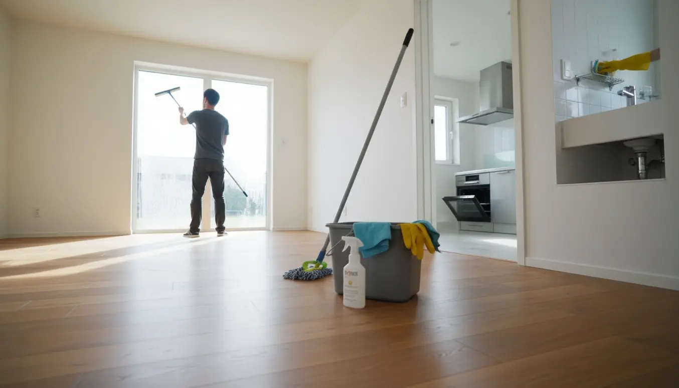 Rengøringsperson pudser store vinduer i et tomt enfamiliehus med rengøringsudstyr, nyvasket komfur og et badeværelse under afkalkning.