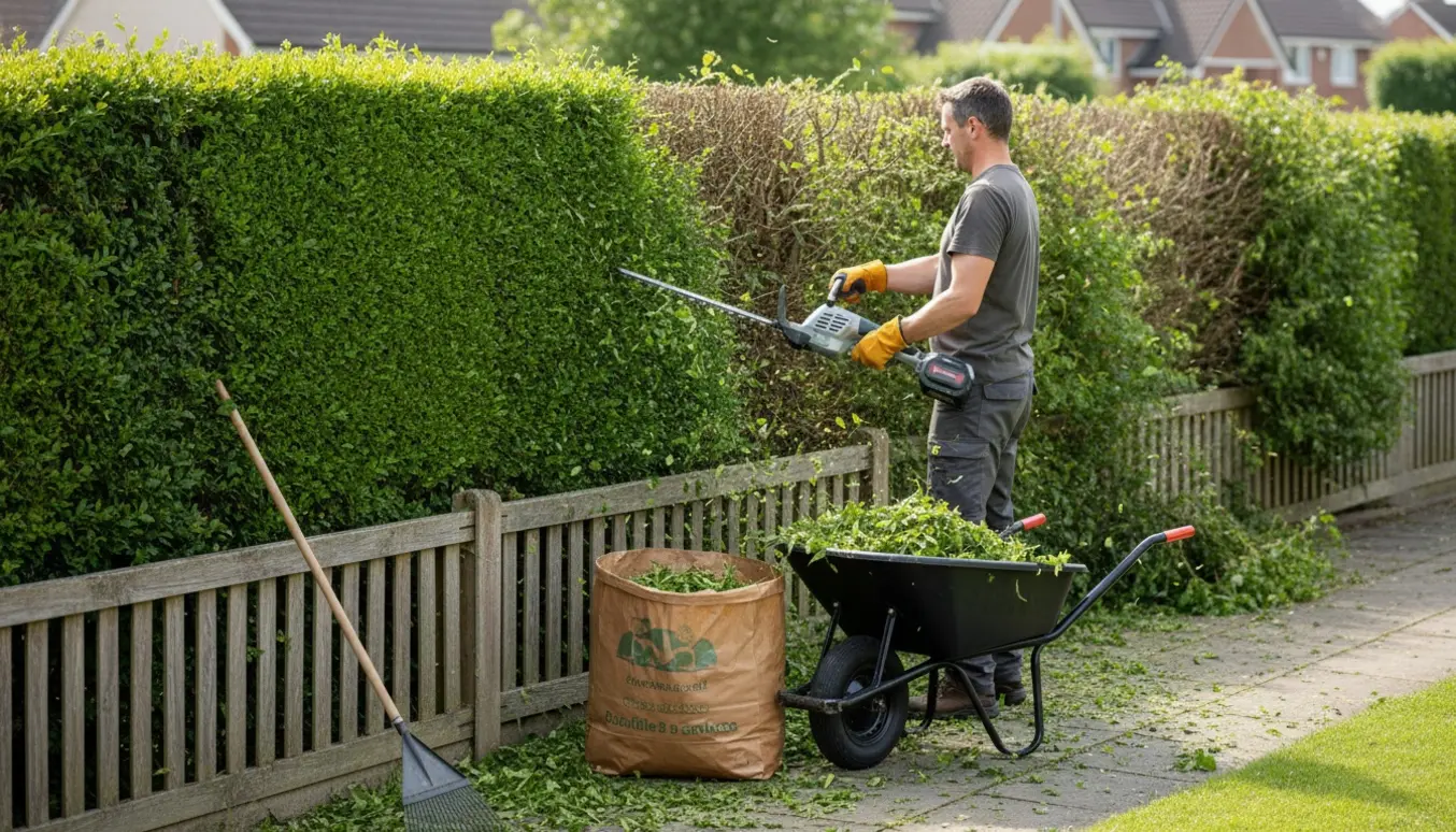 En person klipper en lang buskehæk med en hækkeklipper; afklippede grene samles i en trillebør.