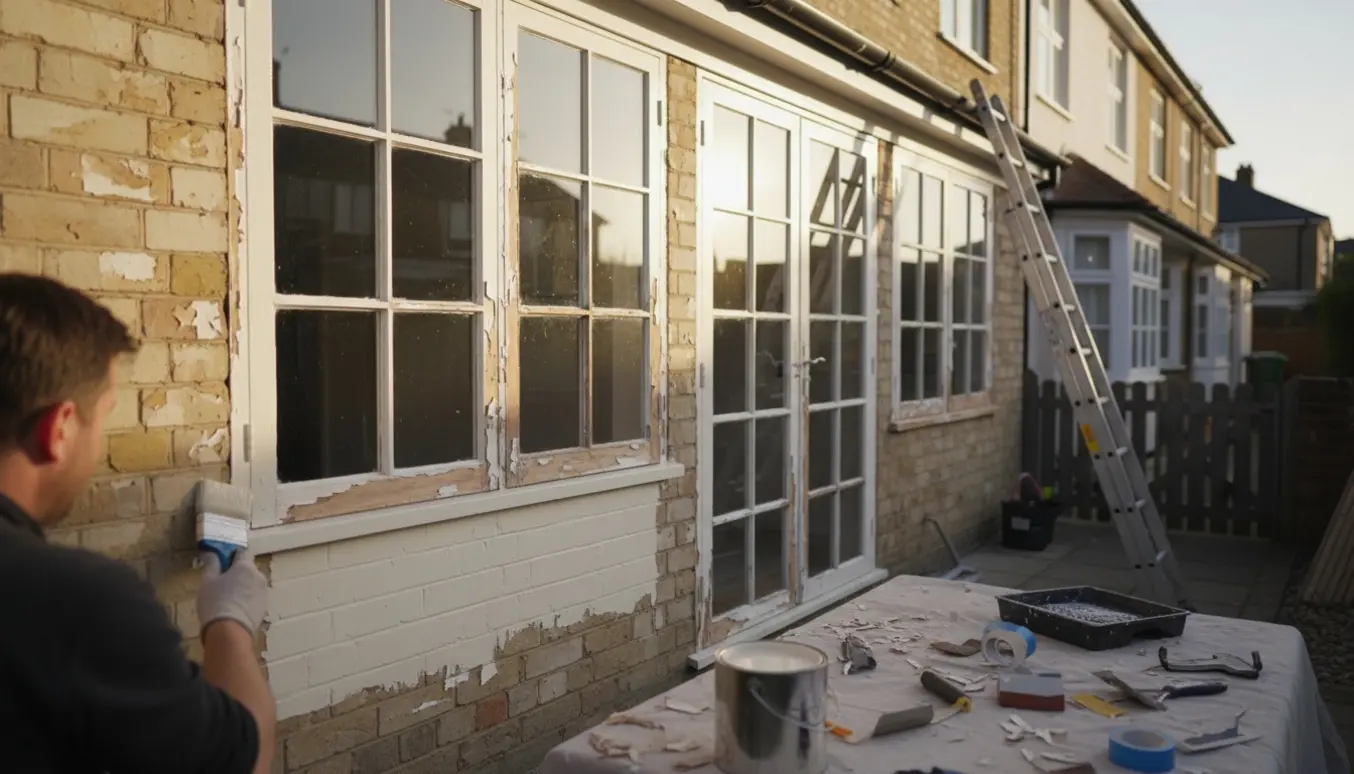 En lille rækkehusside med syv vinduer og tre glasdøre, hvor hænder maler og gammel maling skrabes af.