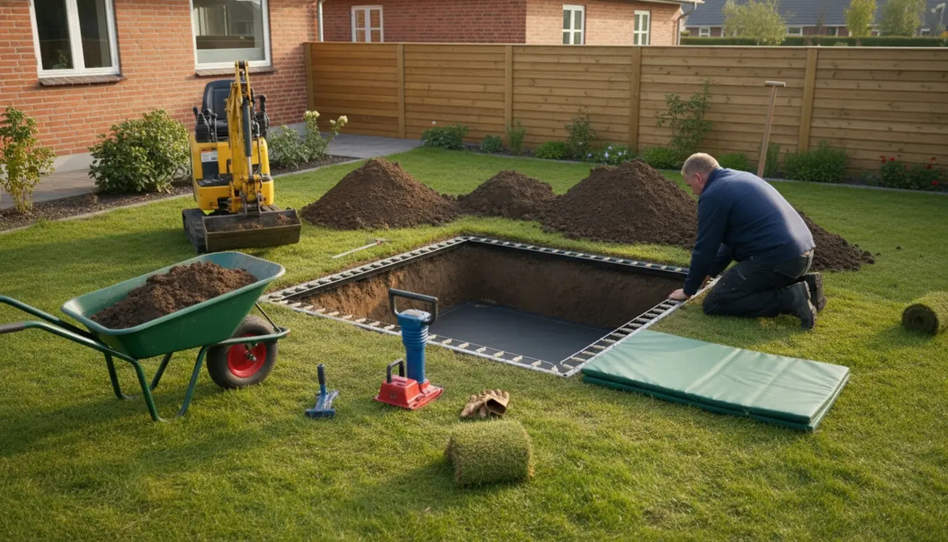 Delvist nedgravet firkantet trampolin i en dansk baghave under installation med jord, trillebør og værktøj omkring.