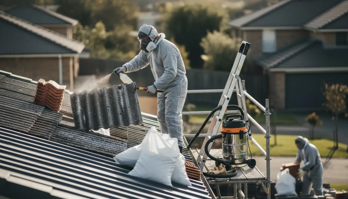 Håndværker i beskyttelsesudstyr fjerner asbesttagplader fra et parcelhus og pakker affald i forseglede sække.