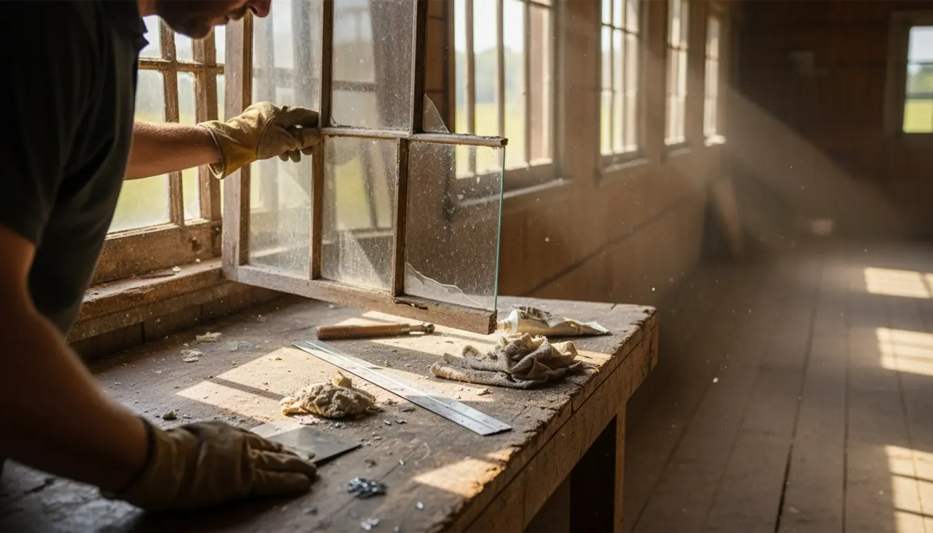 Hænder isætter nyt glas i et rengjort staldvindue med værktøj og varmt dagslys.