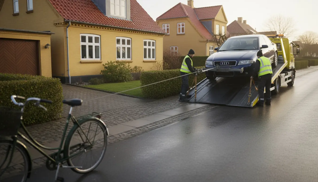 En bil bliver lastet på en fladbed-trailer foran et dansk parcelhus, mens to personer spænder stropper — ansigter er ikke synlige.