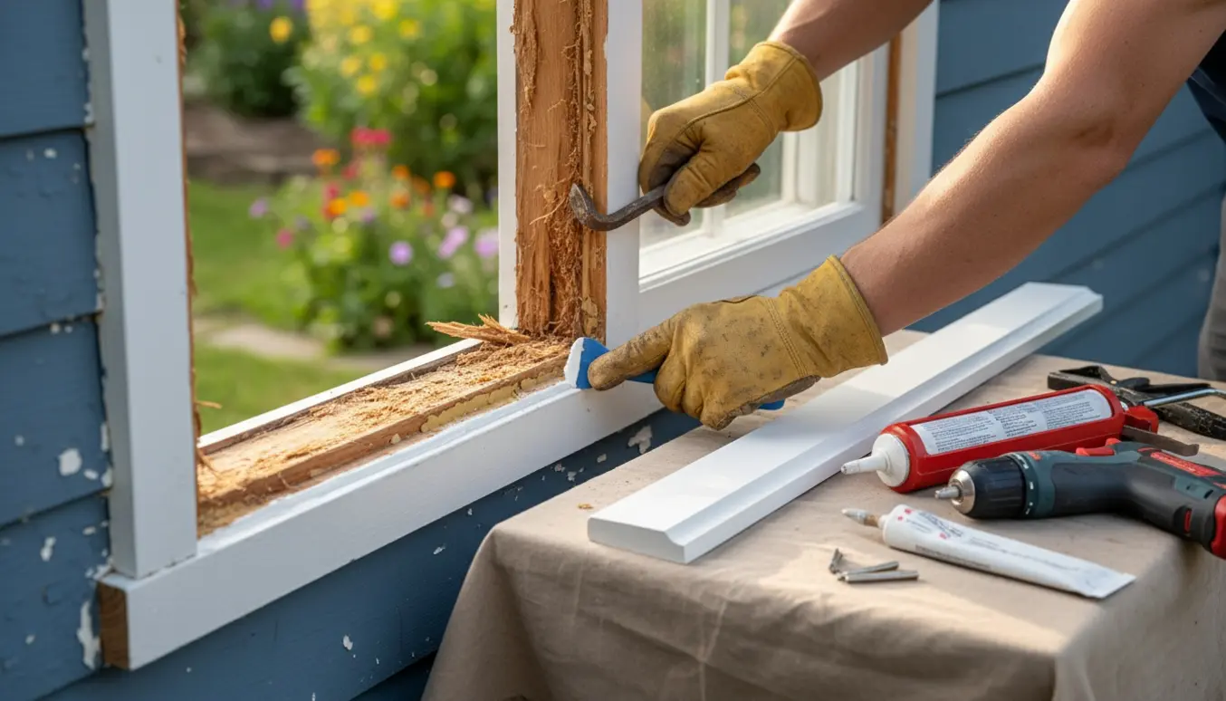 Glovede hænder fjerner rådne trælister og påfører ny fugemasse ved et udvendigt vindue.