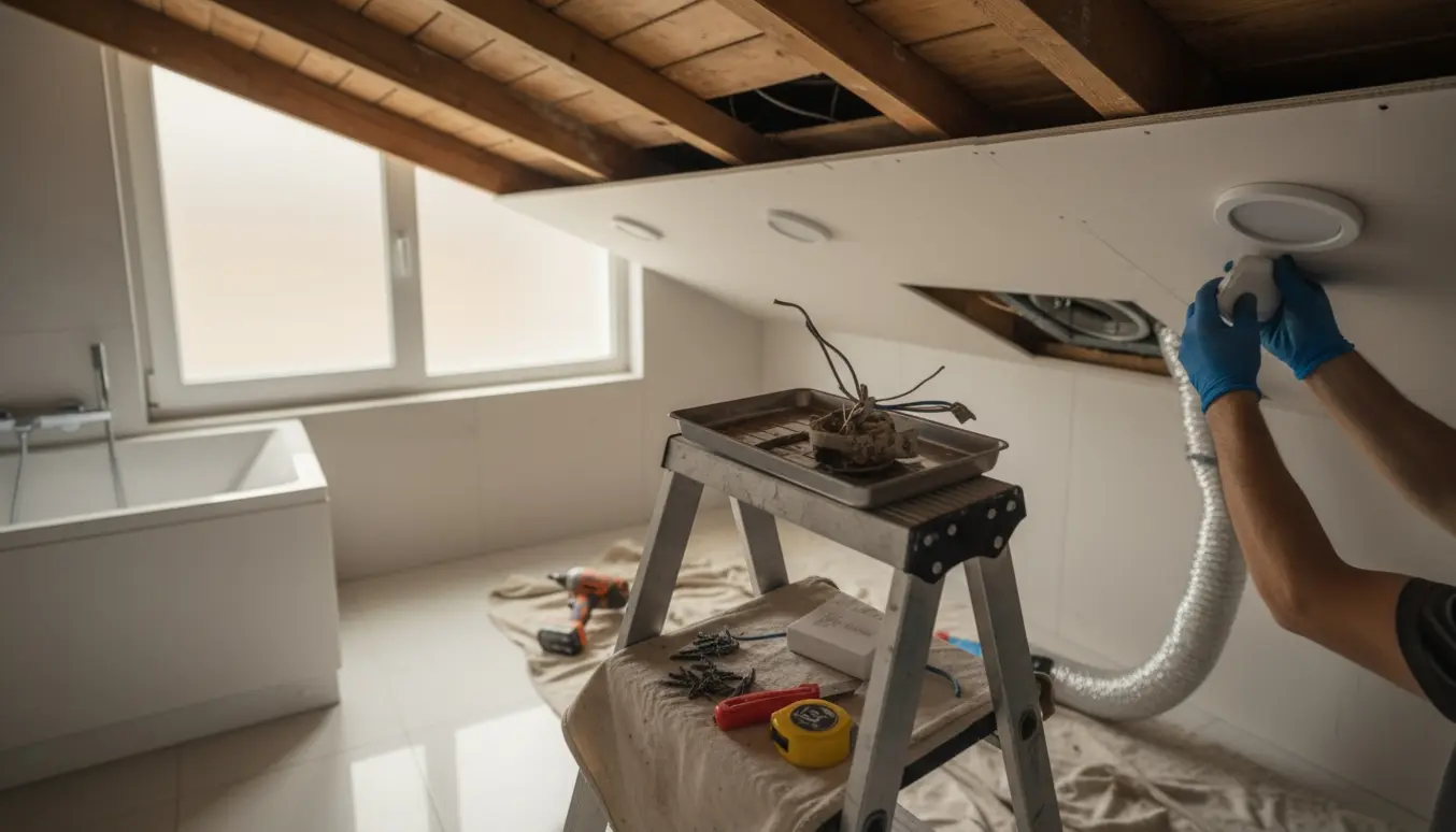 Hånd monterer LED-spot i nyt gipsloft i et moderne badeværelse med synlig udsugningskanal.