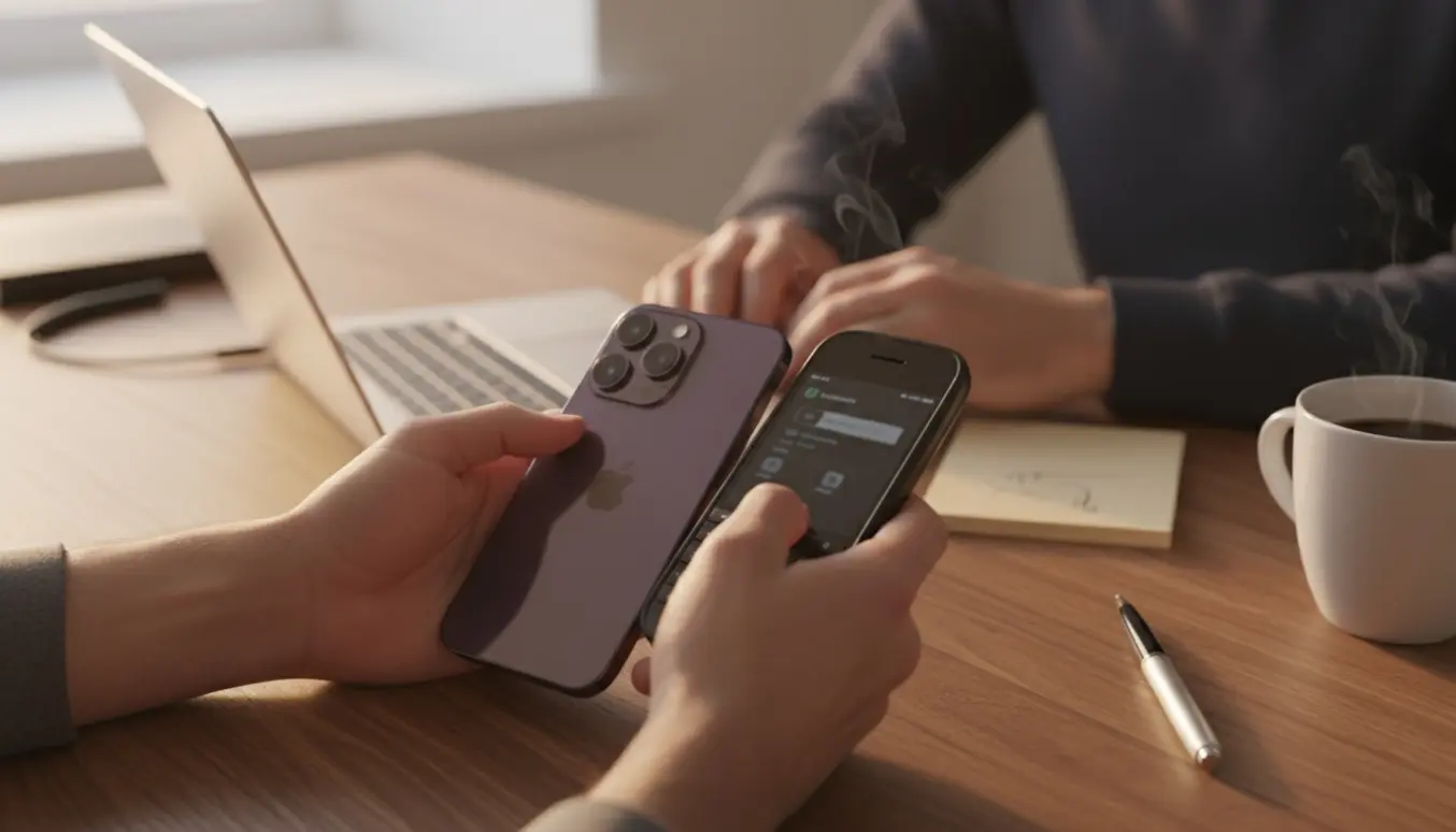 To smartphones på et skrivebord, hvor en person forsøger at få Authenticator til at virke på en ny telefon.