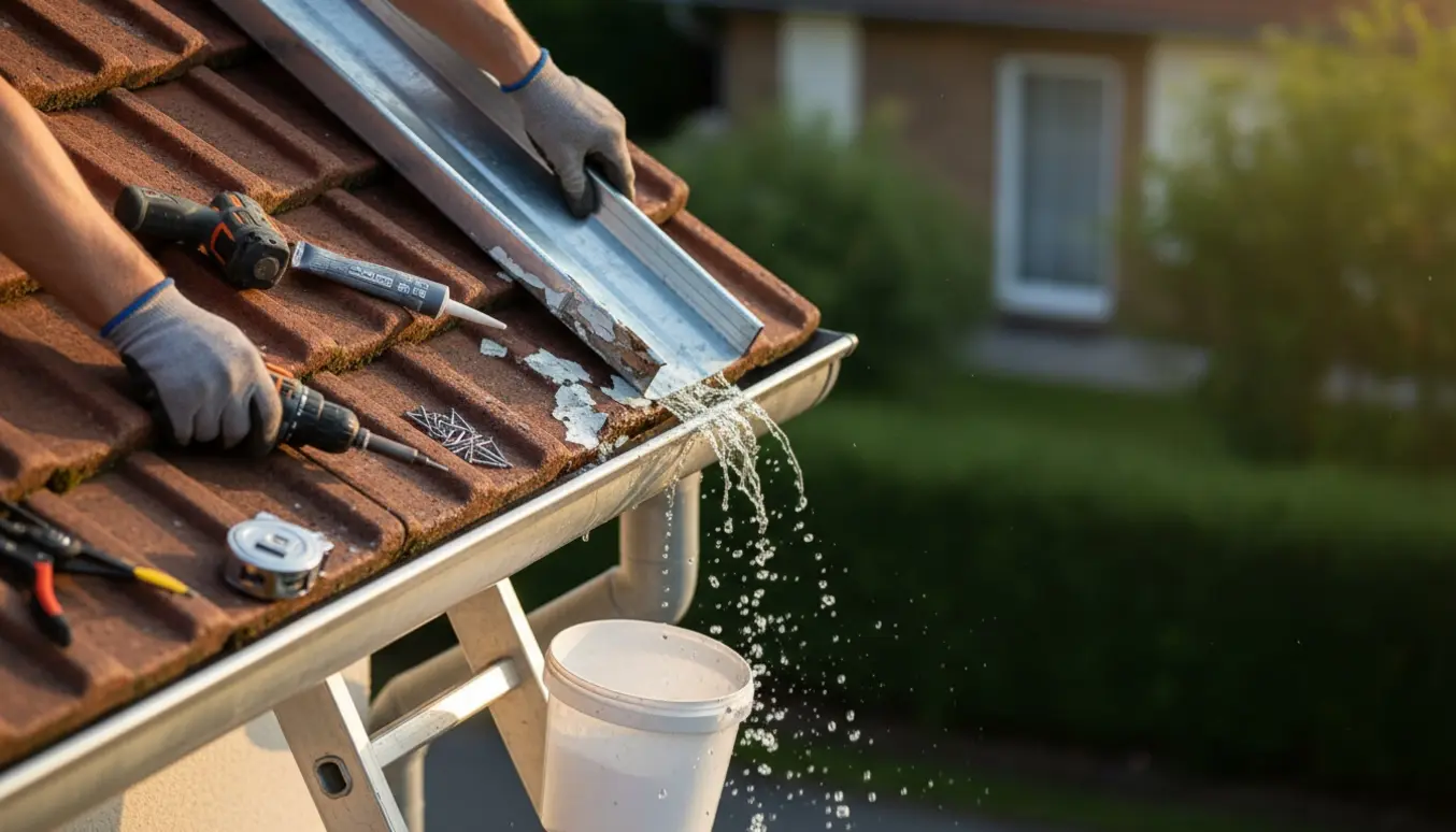 Nærbillede af reparation af en utæt tagrende med nyt stykke tagrende og værktøj på en stige.