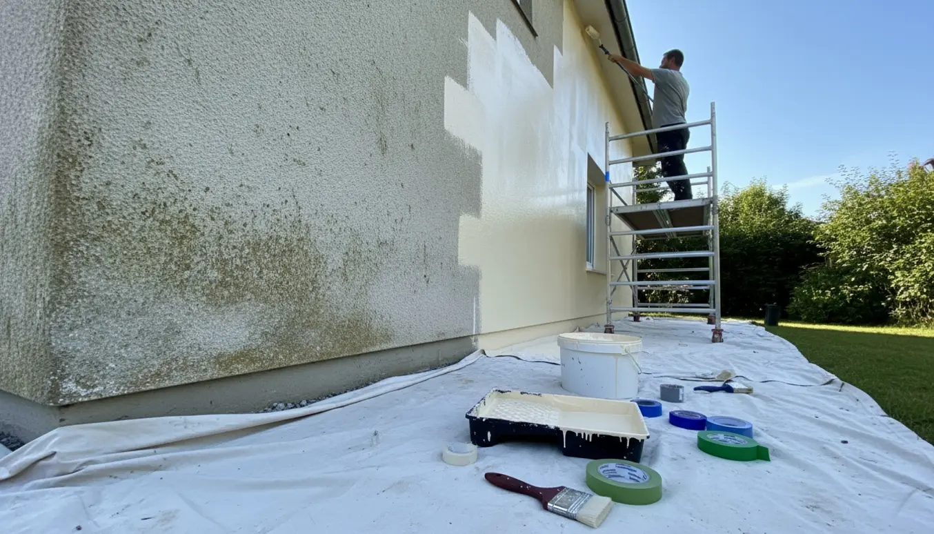 En maler ses bagfra med rulle, mens han maler vandskuret husfacade med nymalet og ubehandlet område.