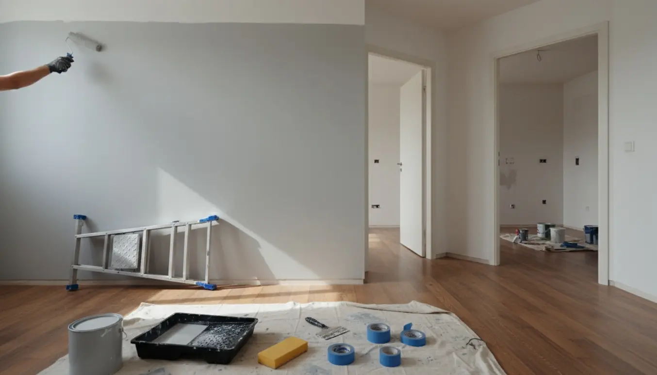 Hænder maler væg og loft i en lille lejlighed med malerværktøj og reparationspatches i forgrunden.