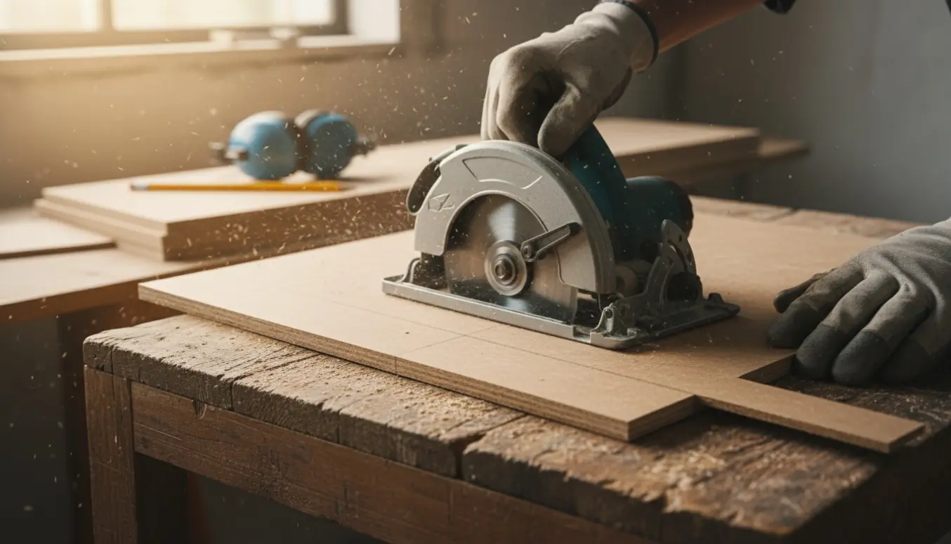 Spånplade skæres med rundsav i et lyst værksted, med en smal afskåret remse og synligt savsmuld.