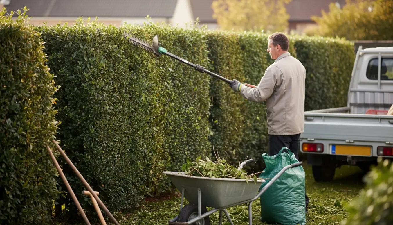 En person trimmer toppen af en havehæk med en forlænget hækkeklipper, mens afklip ligger i en trillebør klar til bortkørsel.