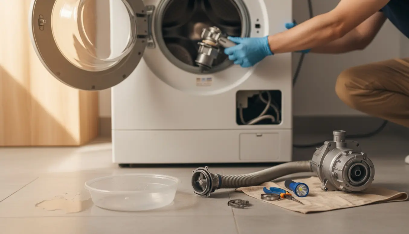 Hænder reparerer en åben frontbetjent vaskemaskines pumpe og afløbsslanger med værktøj og en reservedel ved siden af.