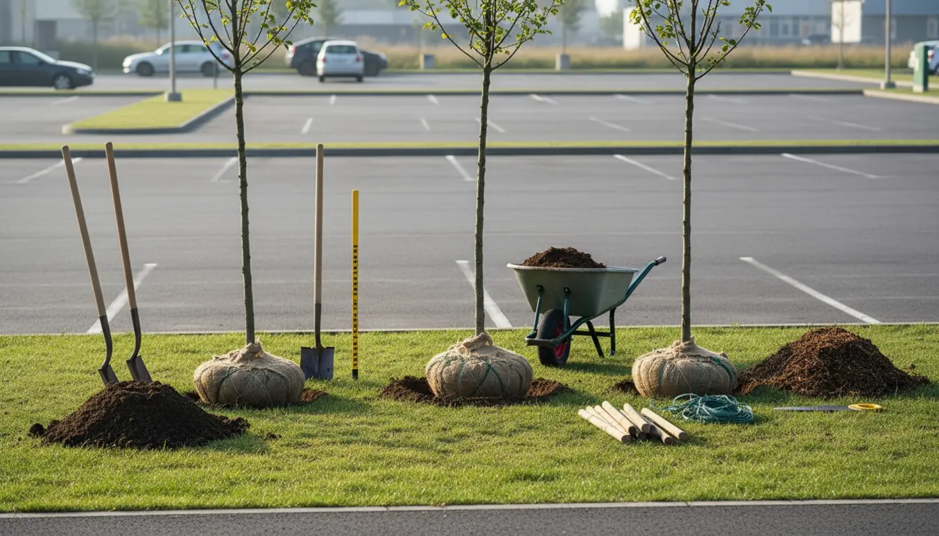 Tre 2,8–3 meter høje træer plantes i en græsplet på en parkeringsplads med skovle, trillebør og jord.