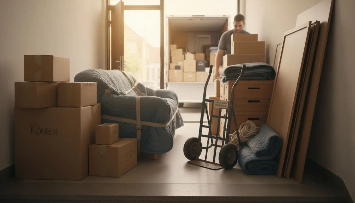 Flytteaktivitet i en opgang med flyttekasser, sofaer, skabe og en trækvogn ved en åben flyttebil.