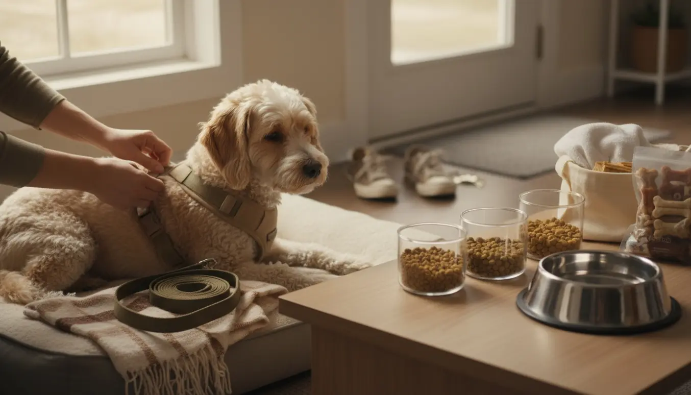 En hund på en komfortabel hundeseng mens en hundepasser gør klar med sele, line, madbeholdere og taske.