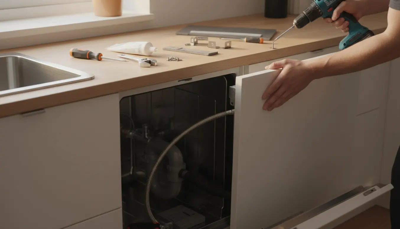 Delvist installeret fuldintegreret opvaskemaskine under køkkenbord, hvor en frontplade monteres og værktøj ligger klar.