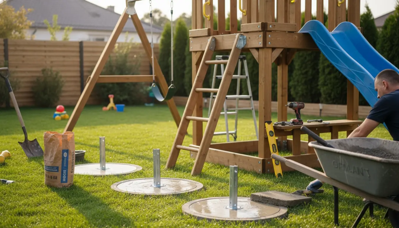 Delvist samlet legetårn med rutsjebane og gynger ved nystøbt betonfundament i en parcelhushave.
