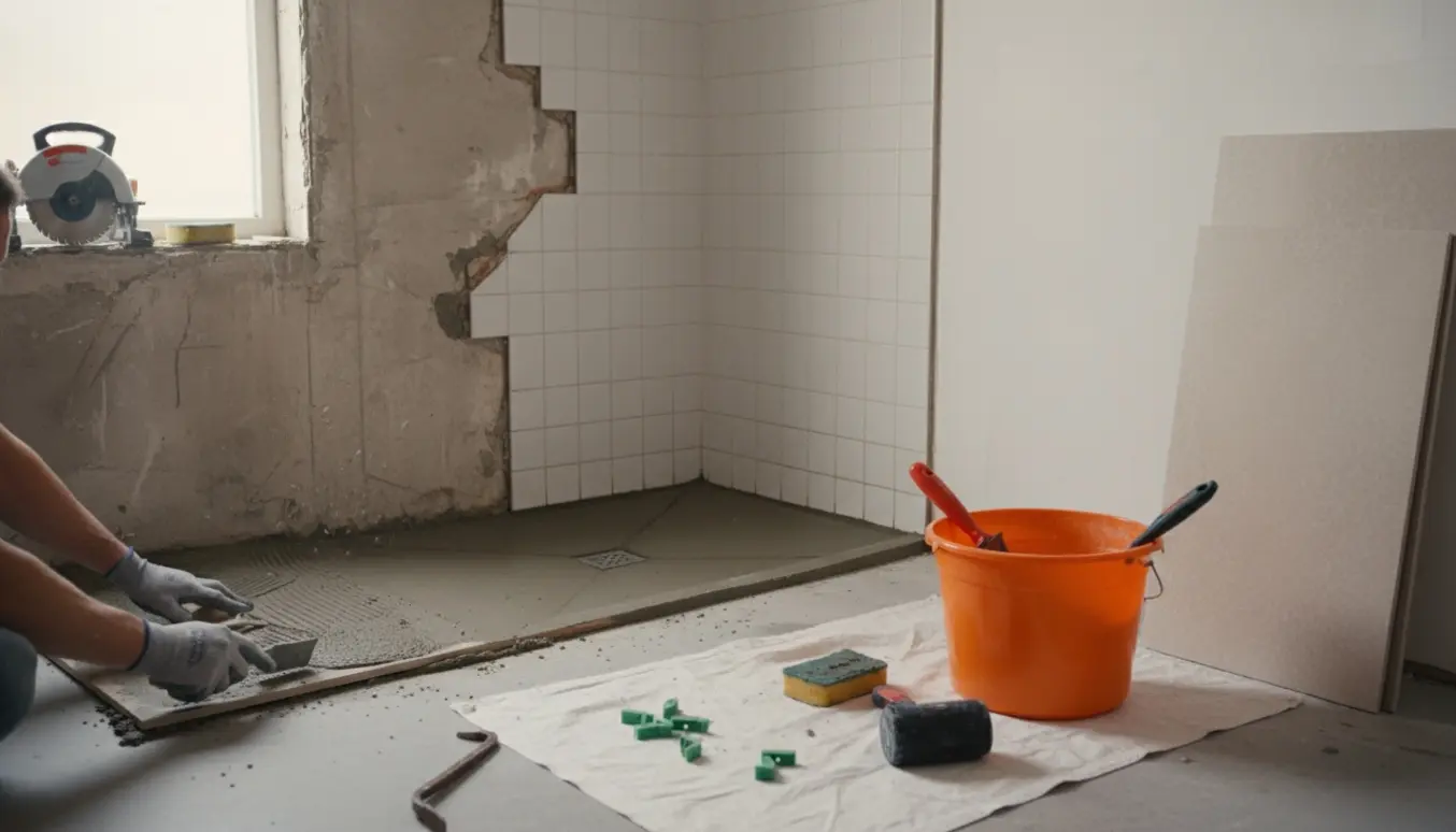 Badeværelse under renovering med delvist fjernede fliser, nye fliser og håndværkerhænder, der laver nyt fald i bruseområdet.