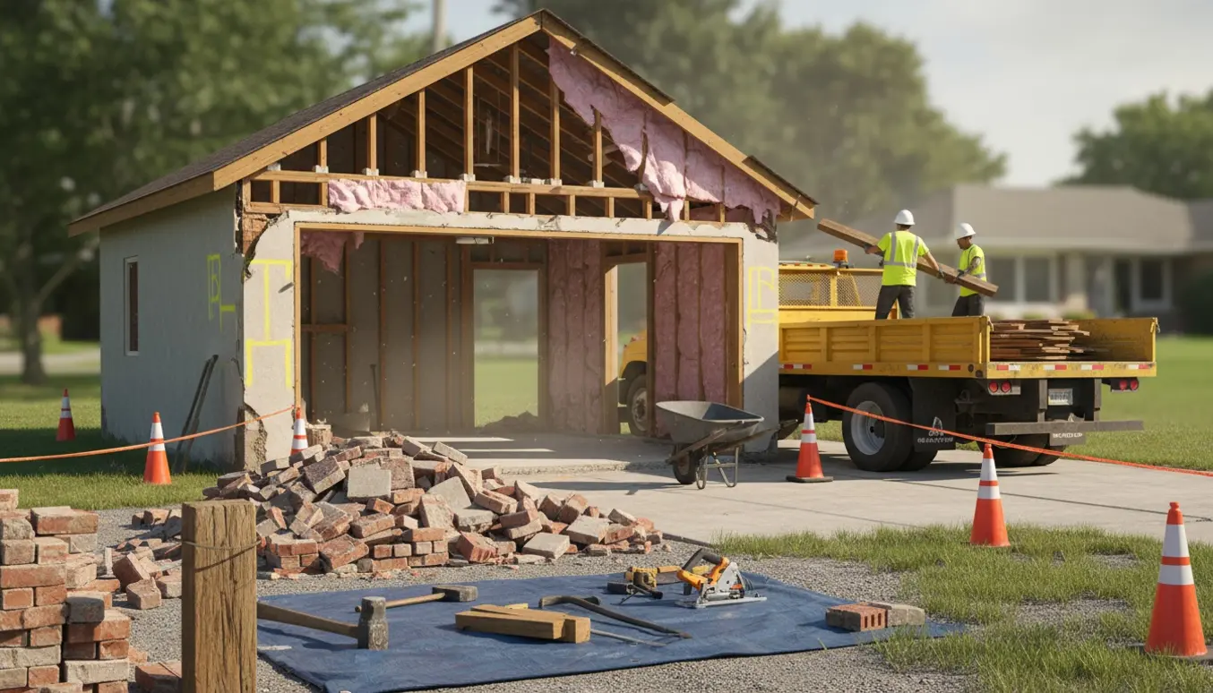 Delvist nedrevet garage ved indkørsel, entreprenørlastbil læsser murbrokker væk.