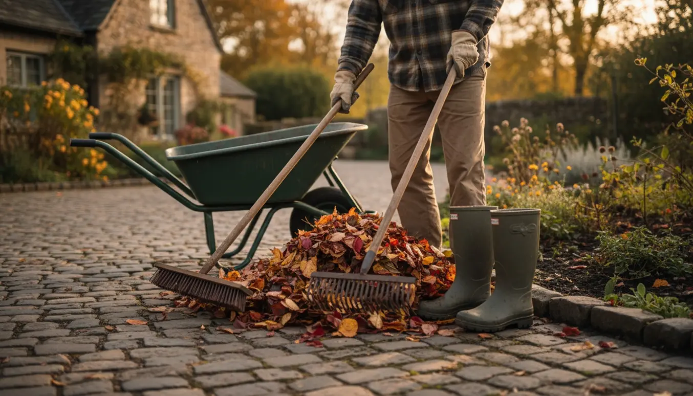 Person fejer blade på indkørsel og i haven med kost og rive, efterlader en pæn bladbunke.