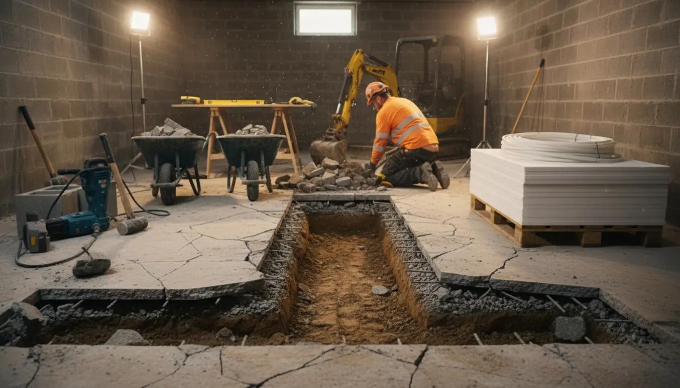 Kælder med delvist knust betongulv og udgravning til isolering og gulvvarme.