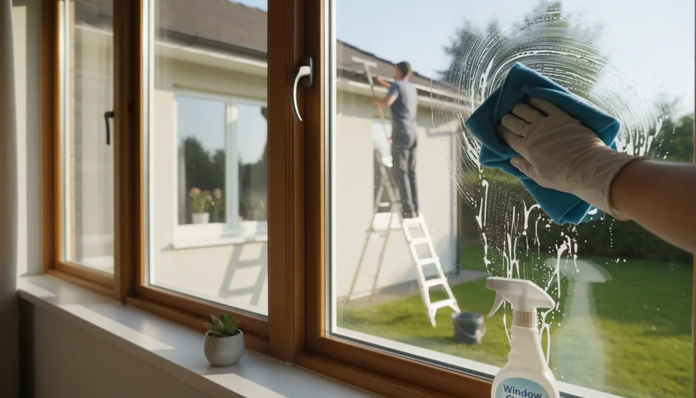 Hænder pudser en dobbeltrude indefra med en klud, mens en pudser på en stige udenfor ses gennem glasset.