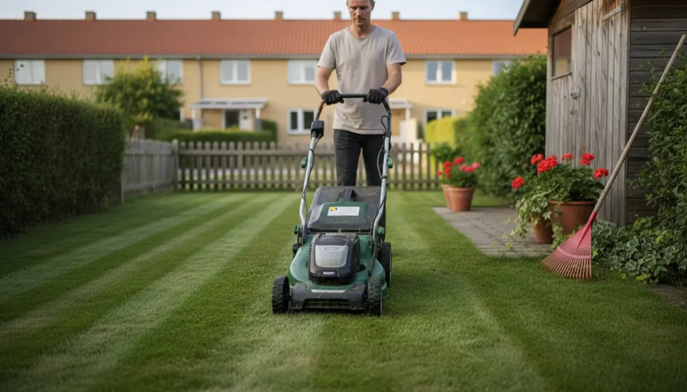 Rækkehushave i Brabrand med halvt slået græs og en plæneklipper i arbejde, ingen tydelige ansigter.