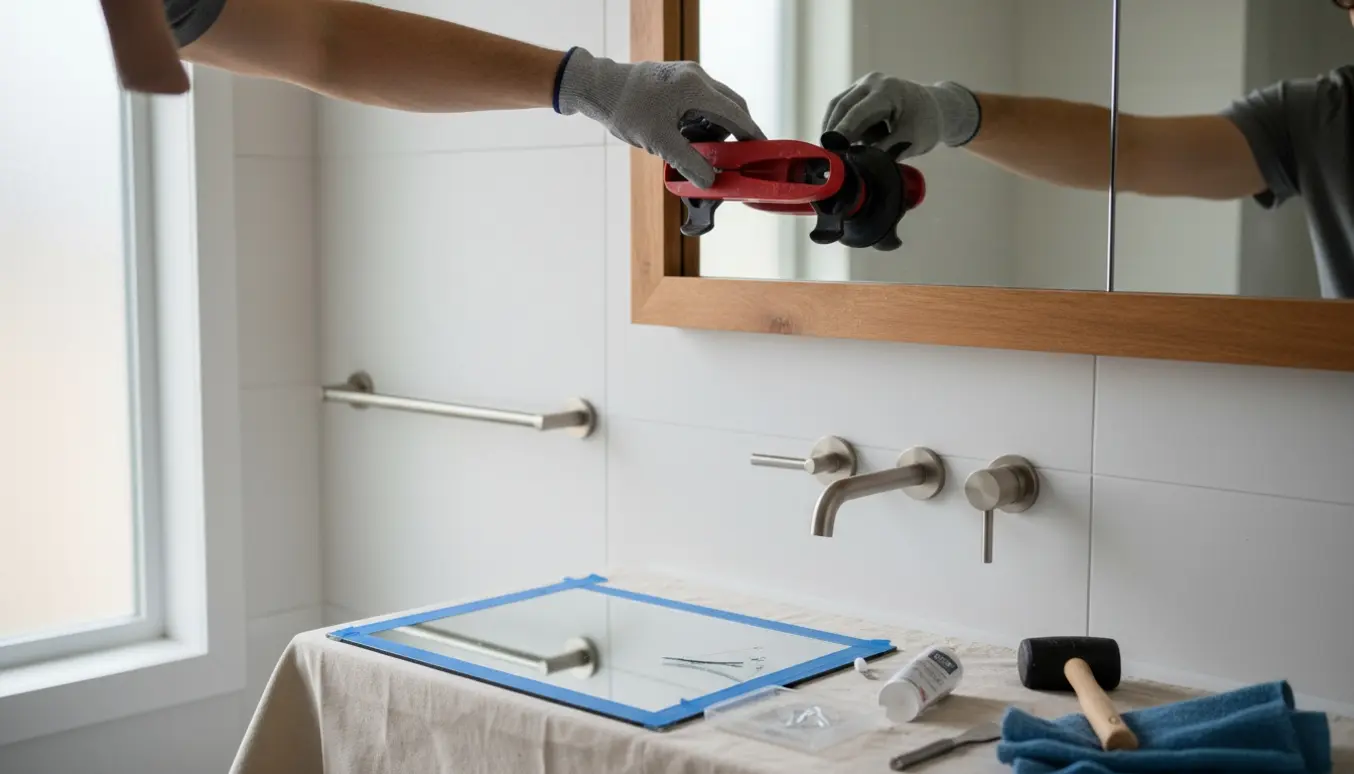 Nærbillede af handskerede hænder, der monterer nyt spejlglas med sugekop i et lyst badeværelse.