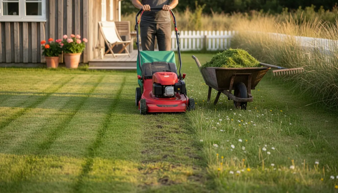 Soloplyst Marielyst-sommerhusgræs bliver slået og afklip samlet i en trillebør.