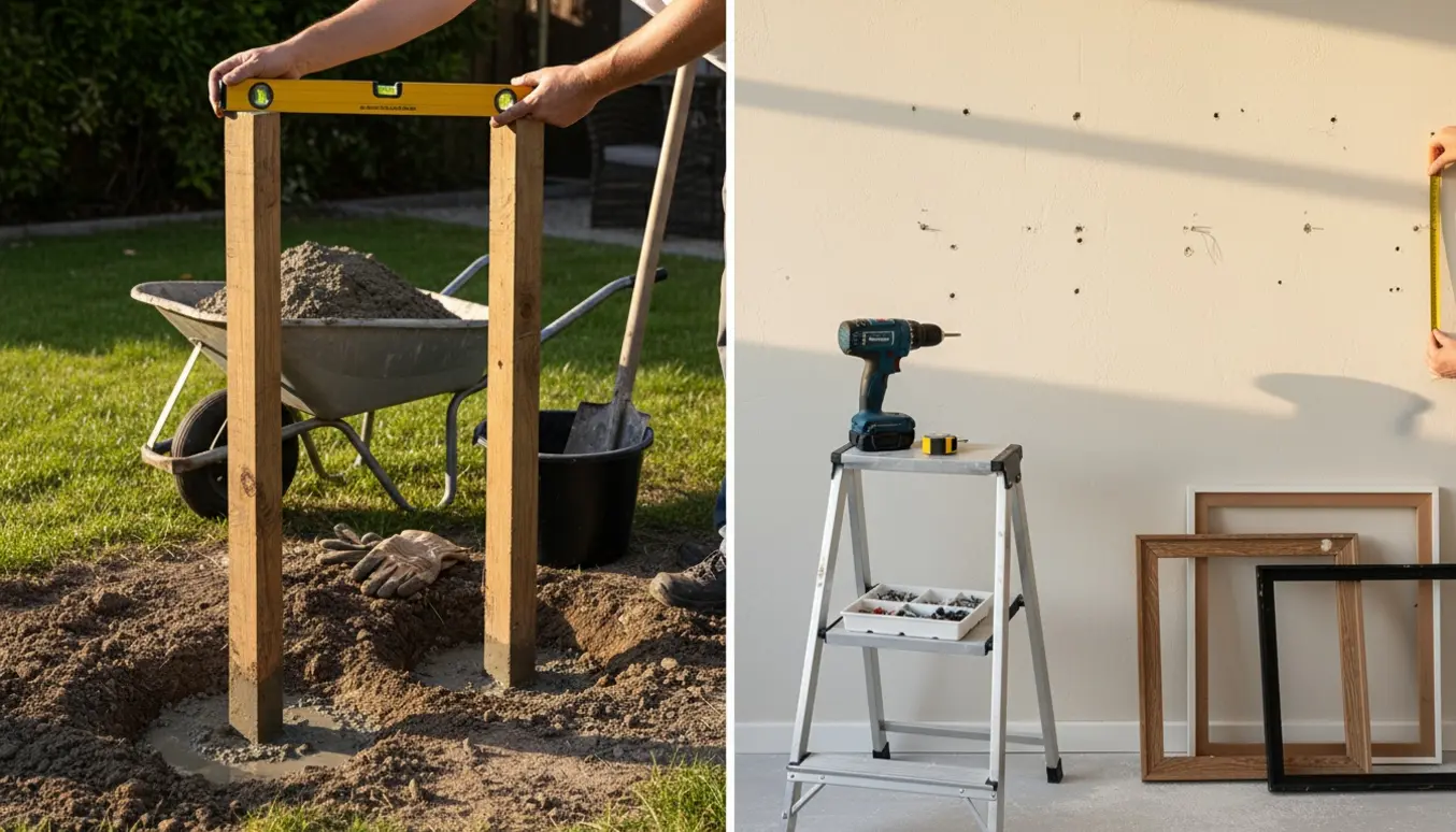 To lægter støbt i haven med frisk beton ved siden af en lejlighedsvæg, hvor malerier er i færd med at blive monteret med en boremaskine.