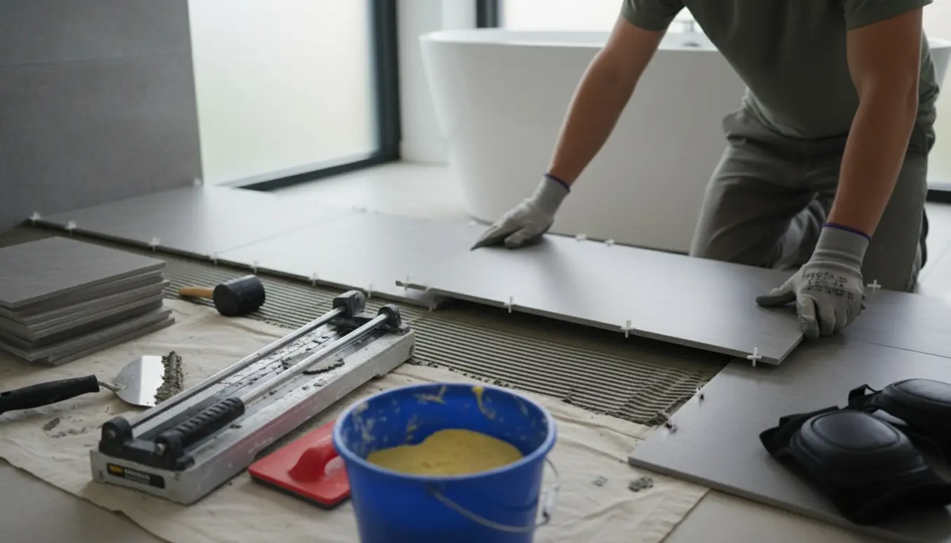Hænder lægger nye fliser i et lyst, moderne badeværelse med værktøj i baggrunden.