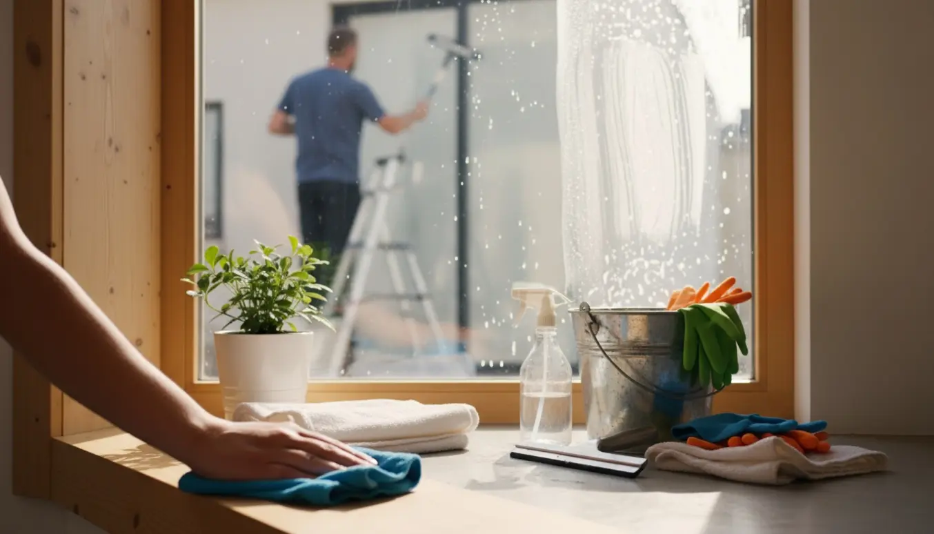 Hånd tørrer indvendig vinduesramme med mikrofiberklud, mens ydersiden renses med en vinduesskraber.