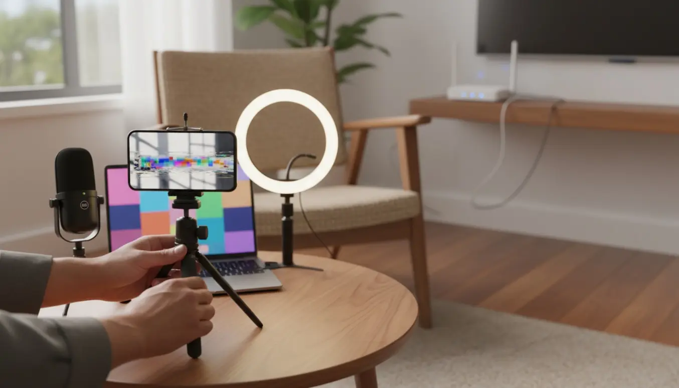 Nærbillede af en smartphone på tripod i et hjemmestudie med hænder, mikrofon, ringlight og router, klar til fejlsøgning af streaming.
