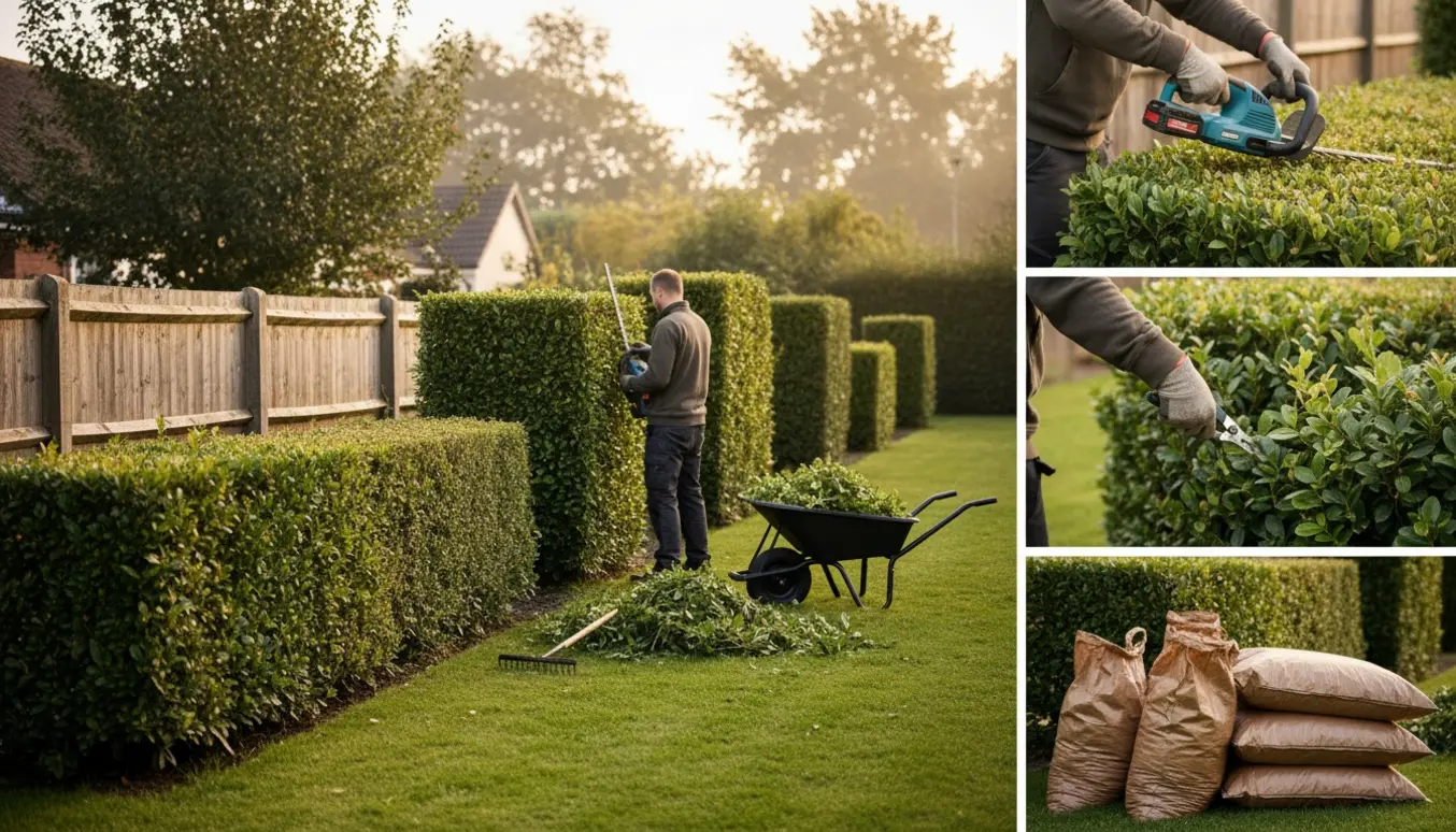 Hæk bliver klippet og haveaffald samles i trillebør og sække i en lille for- og baghave.