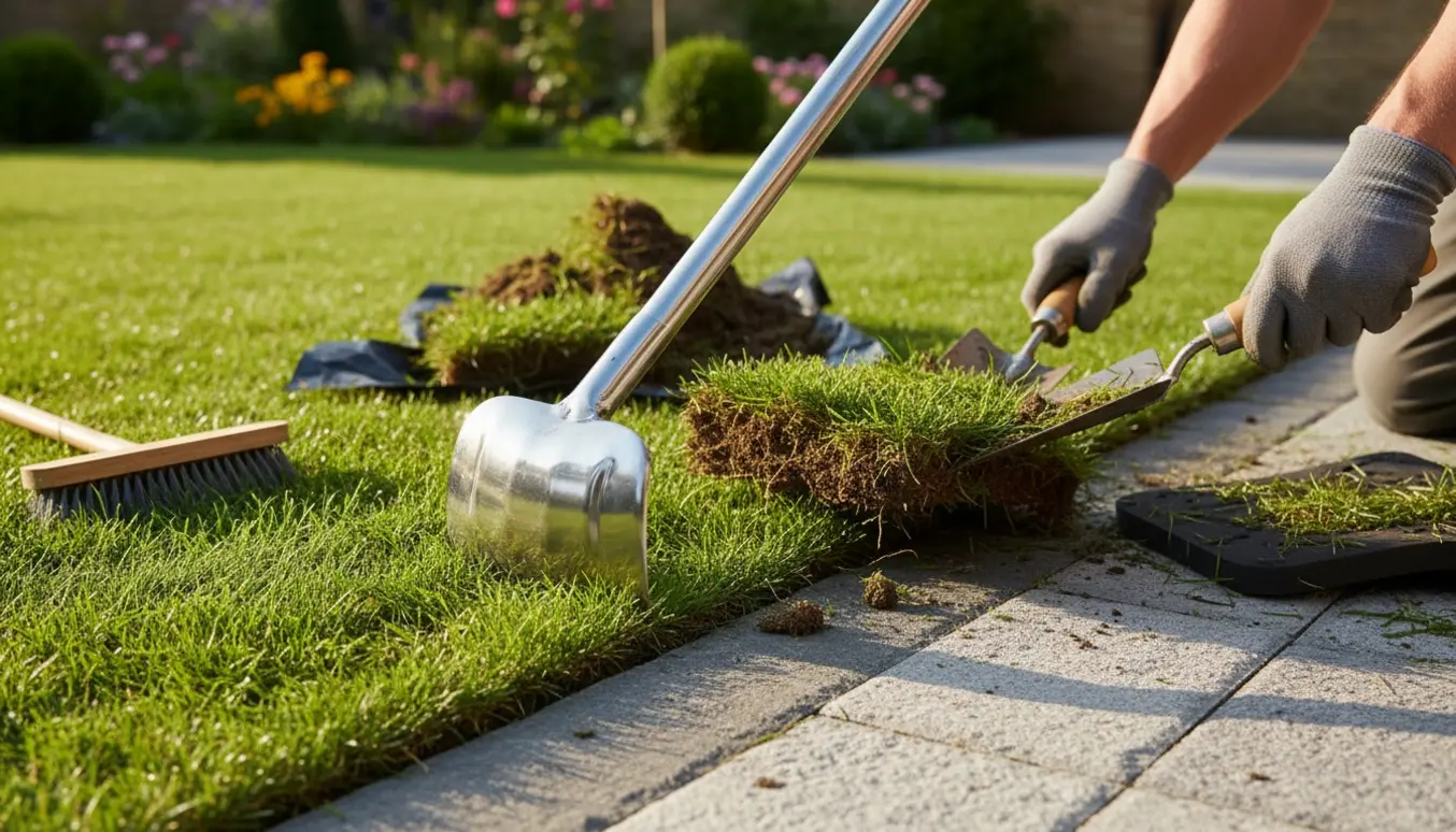 Hænder fjerner græs, der er vokset ud over fliserne, med en kantspade.