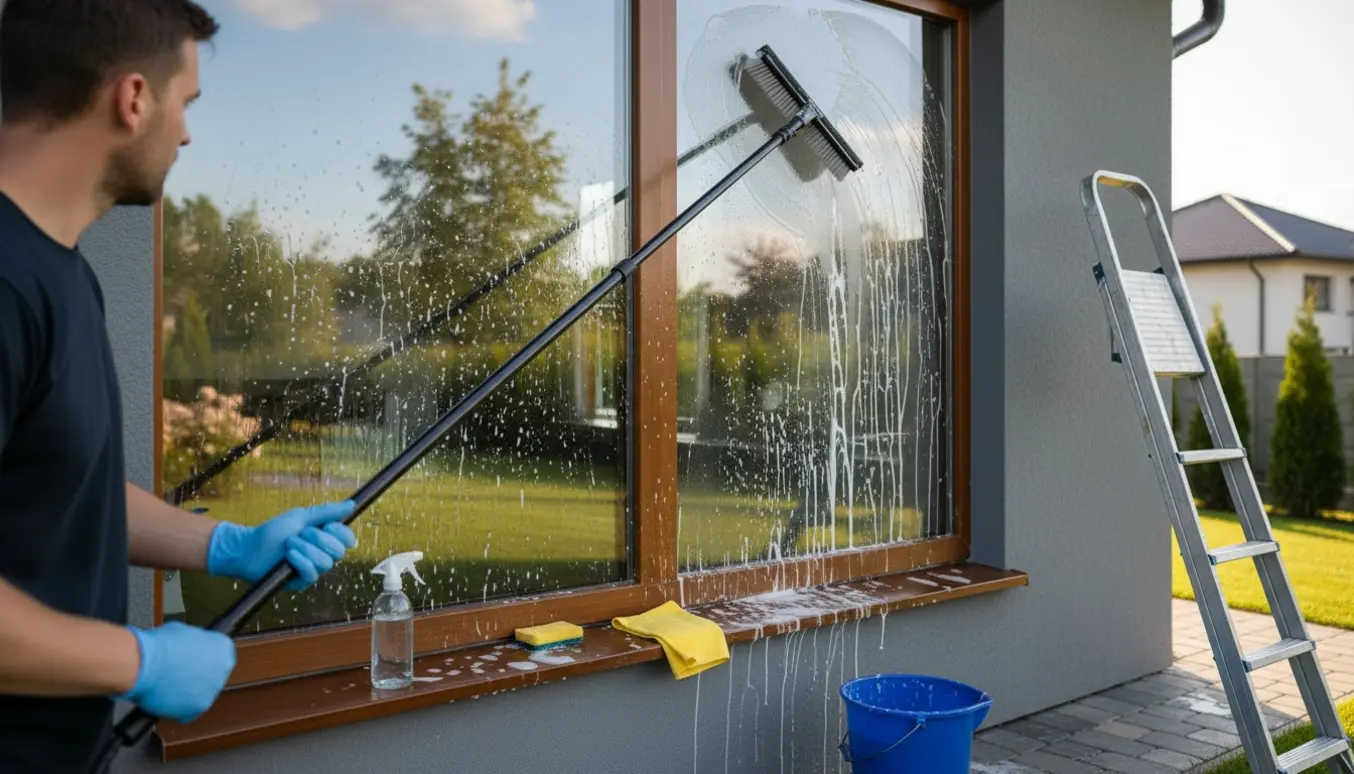 Udvendig vinduespudser renser en rude med teleskopisk svaber, så den bliver stribefri.