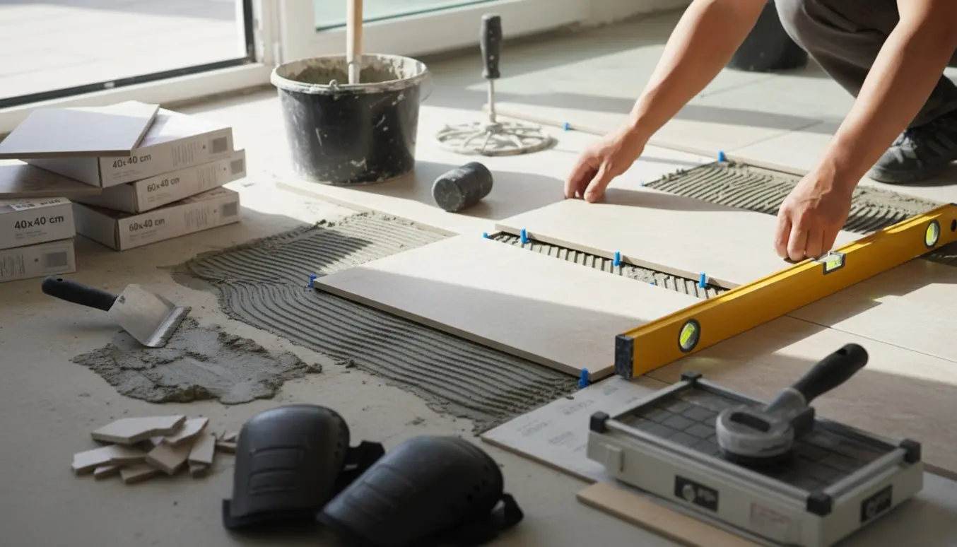 Detaljeret foto af fliselægning med hænder, fliser og værktøj i naturligt dagslys.