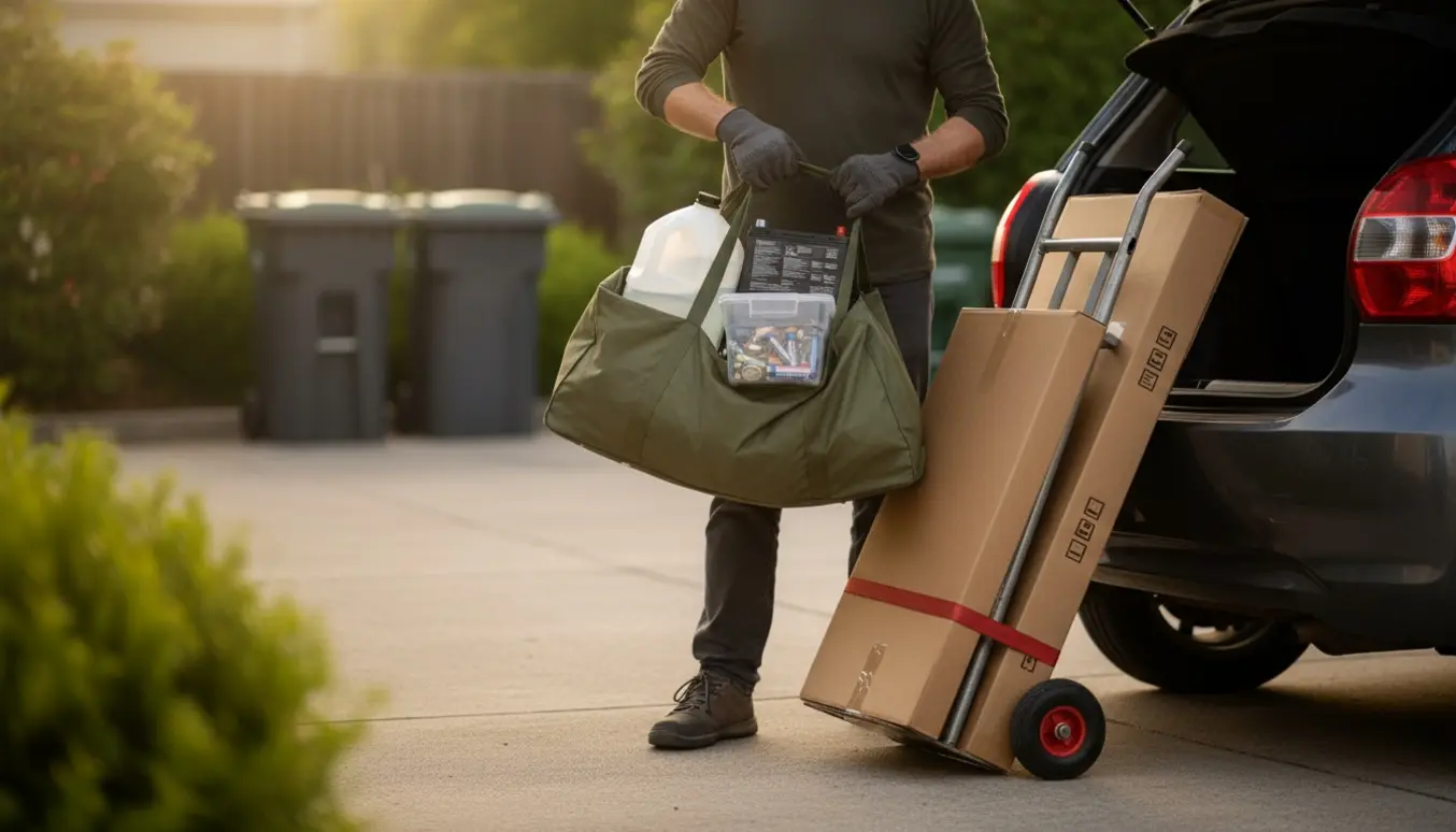 En person læsser en tung pose med batterier og regnvand samt to store tv-papkasser i bilen ved et genbrugsområde.