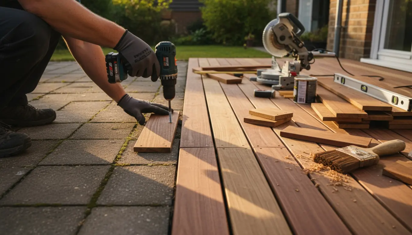 Halvfærdig terrasse med gamle fliser ved siden af nye teak- eller Jatoba-brædder under installation.