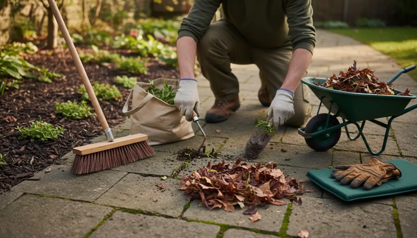 Hænder i handsker fjerner ukrudt mellem fliser på en terrasse, mens blade fejes væk.