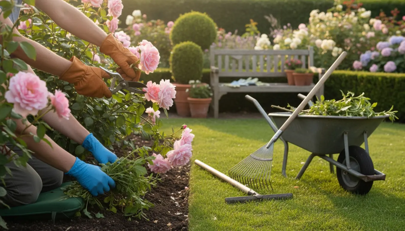 Nærbillede af hænder, der beskærer en rose og fjerner ukrudt langs en pæn græskant i en have.