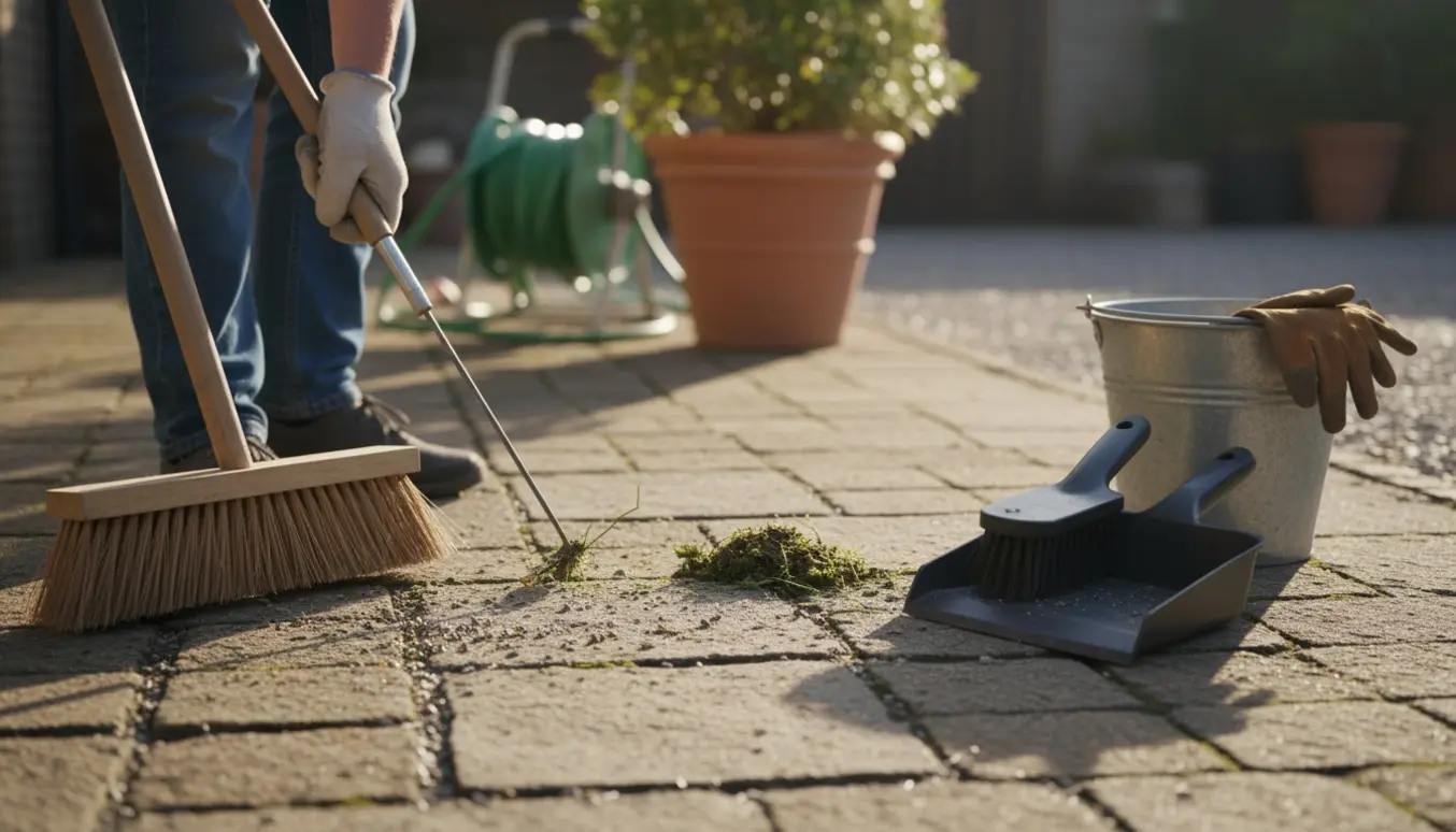 Hænder fejer og fjerner ukrudt mellem fliser på en terrasse og indkørsel med en lille bunke ukrudt ved siden af.