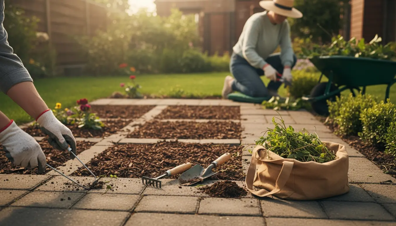 Hænder i handsker fjerner ukrudt mellem fliser foran fire nyryddede blomsterbede, mens lave buske trimmes.