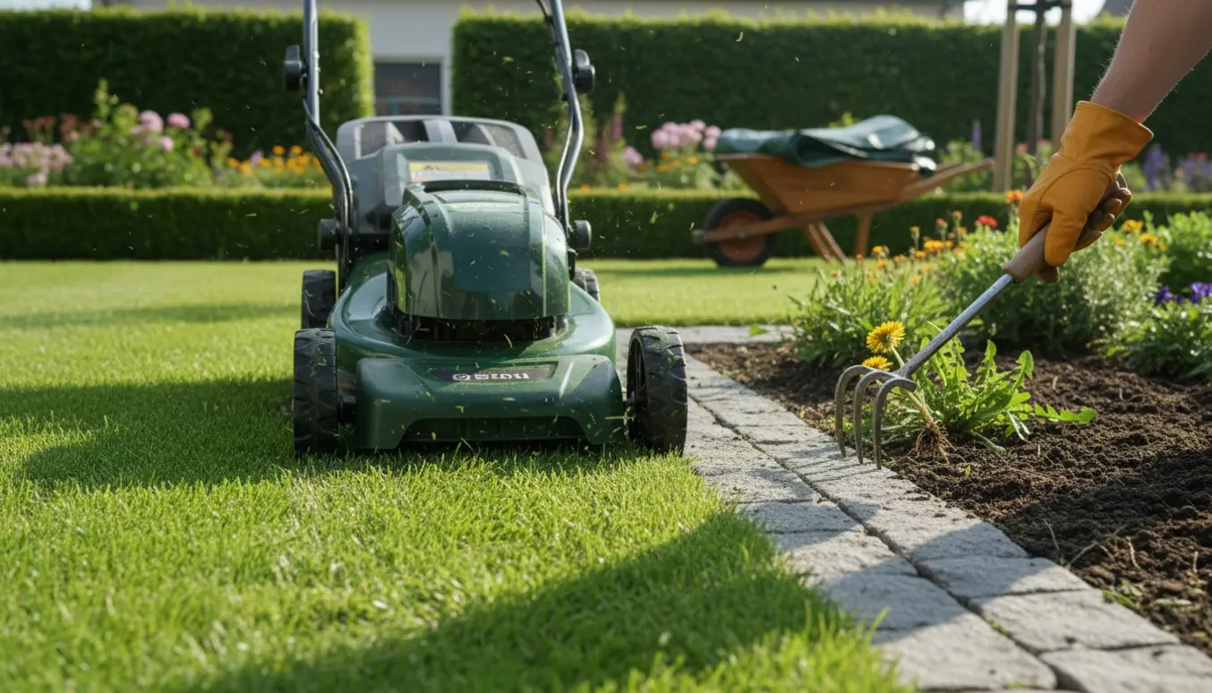 Plæneklipper slår græs langs fliser, mens en handske trækker mælkebøtter op i forhaven.