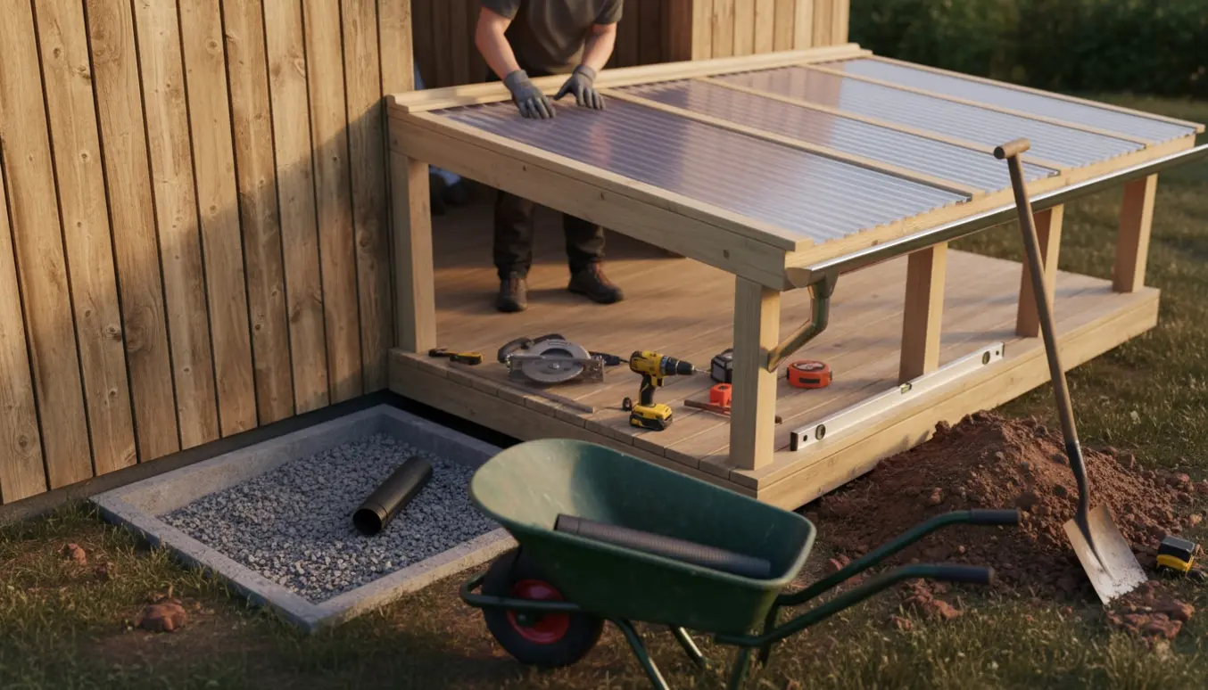 Lille kolonihaveterasse hvor nyt trætag og tagrende monteres, med gravet faskine og værktøj i forgrunden.