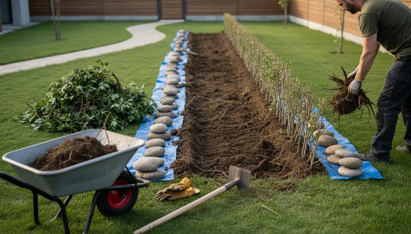 Delvist fjernet hæk med eksponerede rødder, værktøj og stablede sten klar til genplacering.