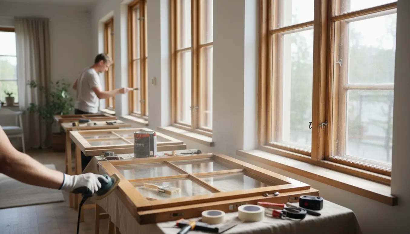 Nærbillede af hænder, der sliber og lakker trævinduer i et lyst hjem.